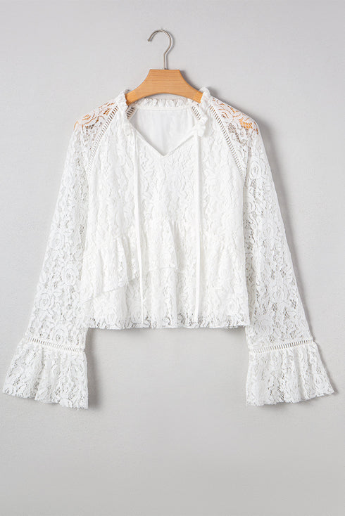 Romantic Floral Lace Tie Front Tiered Bell Sleeve Blouse