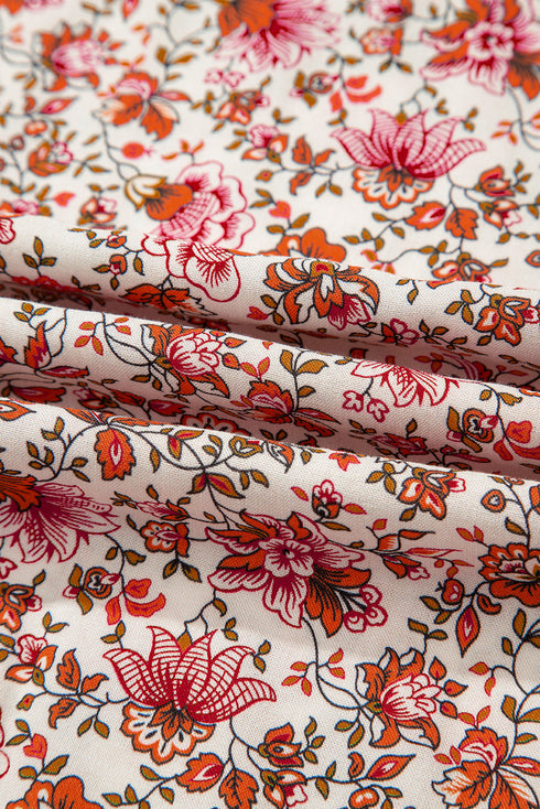 Romantic Floral Print Notched Neck Long Bishop Sleeve Blouse