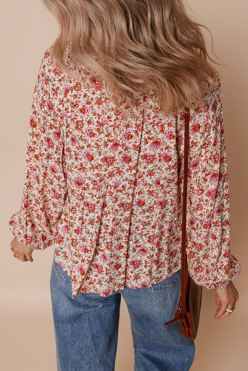 Romantic Floral Print Notched Neck Long Bishop Sleeve Blouse