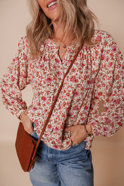 Romantic Floral Print Notched Neck Long Bishop Sleeve Blouse