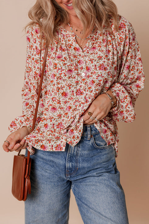 Romantic Floral Print Notched Neck Long Bishop Sleeve Blouse