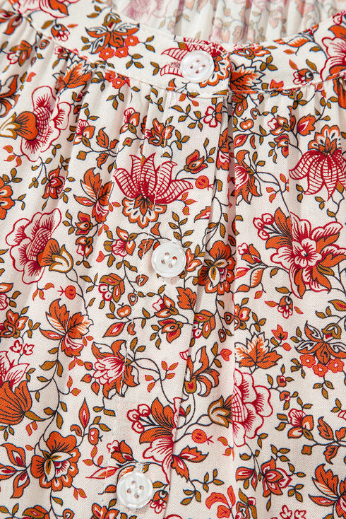 Romantic Floral Print Notched Neck Long Bishop Sleeve Blouse