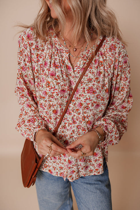 Romantic Floral Print Notched Neck Long Bishop Sleeve Blouse