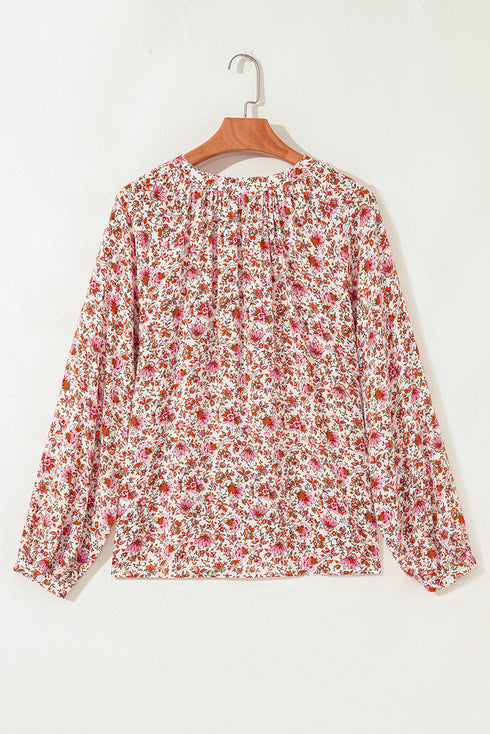 Romantic Floral Print Notched Neck Long Bishop Sleeve Blouse