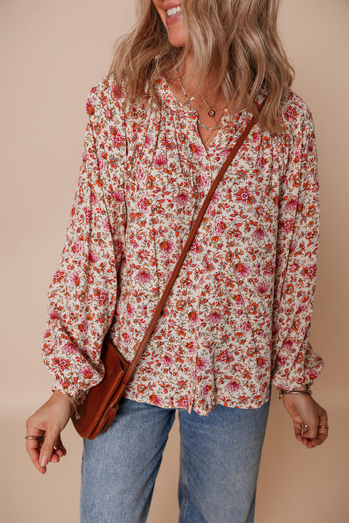 Romantic Floral Print Notched Neck Long Bishop Sleeve Blouse
