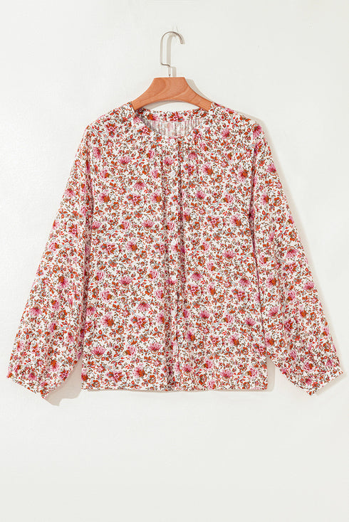 Romantic Floral Print Notched Neck Long Bishop Sleeve Blouse