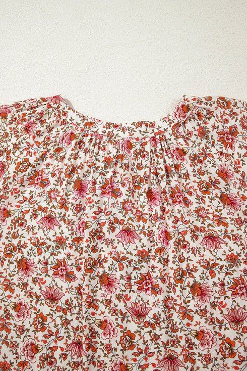 Romantic Floral Print Notched Neck Long Bishop Sleeve Blouse