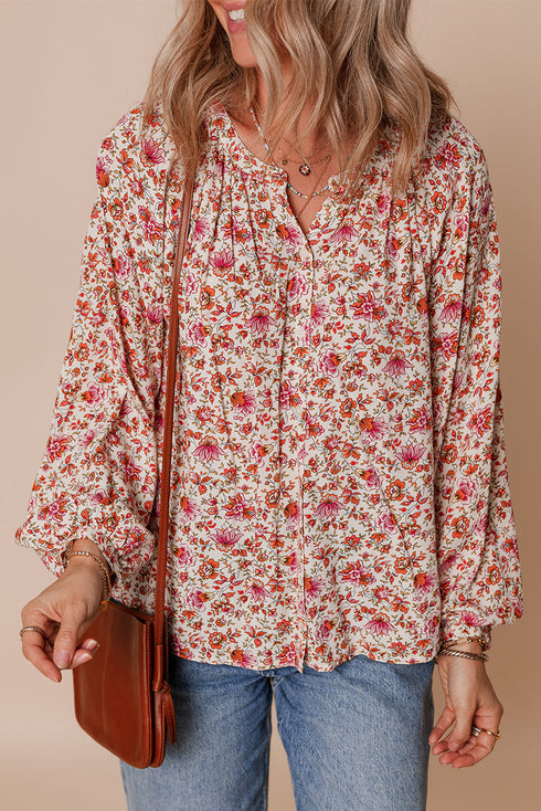 Romantic Floral Print Notched Neck Long Bishop Sleeve Blouse