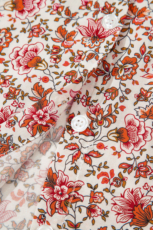 Romantic Floral Print Notched Neck Long Bishop Sleeve Blouse