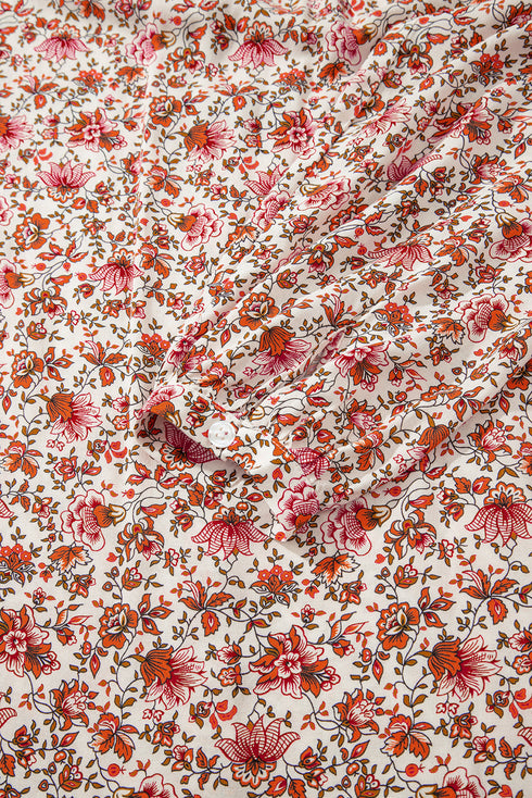 Romantic Floral Print Notched Neck Long Bishop Sleeve Blouse