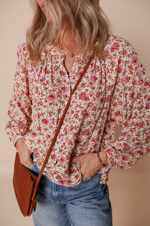 Romantic Floral Print Notched Neck Long Bishop Sleeve Blouse