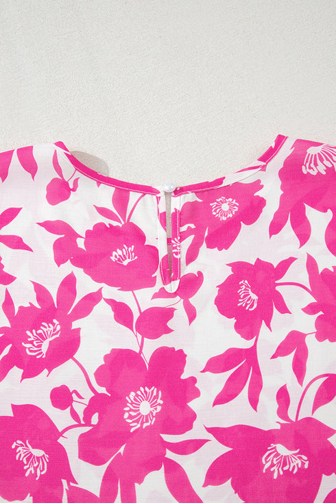 Romantic Floral Print Round Neck Ruffled Sleeve Blouse