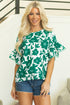 Romantic Floral Print Round Neck Ruffled Sleeve Blouse
