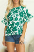 Romantic Floral Print Round Neck Ruffled Sleeve Blouse