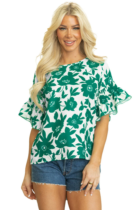 Romantic Floral Print Round Neck Ruffled Sleeve Blouse