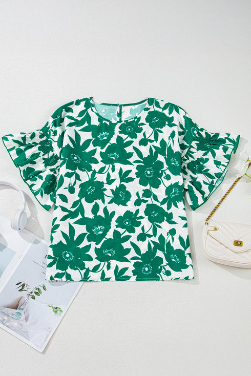 Romantic Floral Print Round Neck Ruffled Sleeve Blouse