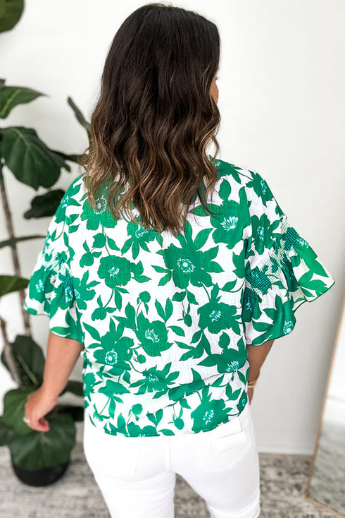 Romantic Floral Print Round Neck Ruffled Sleeve Blouse