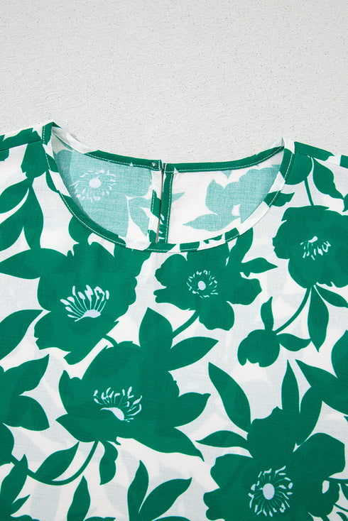 Romantic Floral Print Round Neck Ruffled Sleeve Blouse