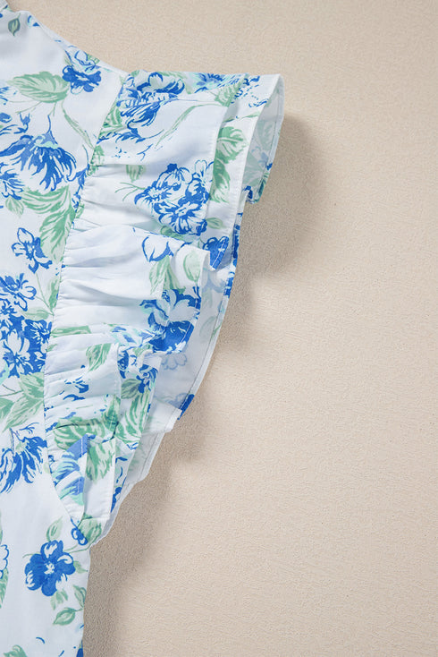 Romantic Floral Print Ruffle Sleeve High Neck Button Front Blouse