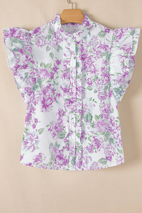 Romantic Floral Print Ruffle Sleeve High Neck Button Front Blouse