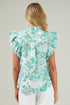 Romantic Floral Print Ruffle Sleeve High Neck Button Front Blouse