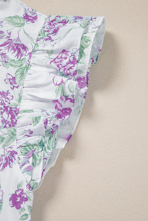 Romantic Floral Print Ruffle Sleeve High Neck Button Front Blouse