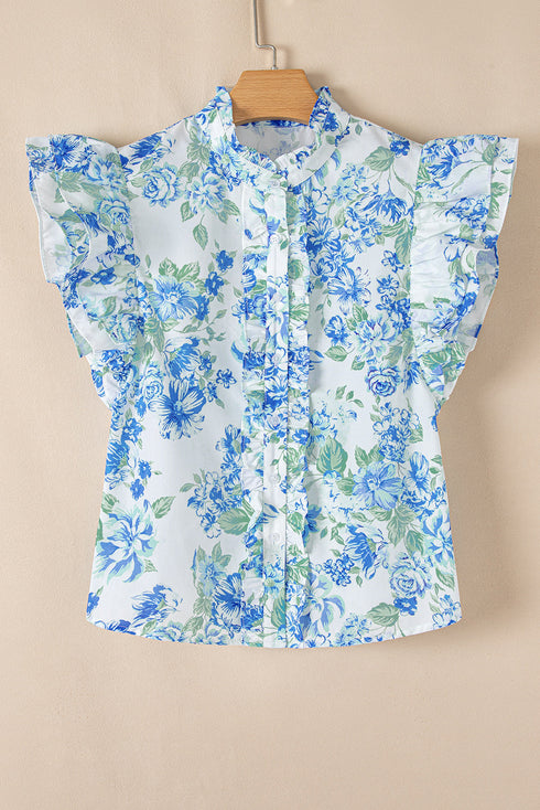 Romantic Floral Print Ruffle Sleeve High Neck Button Front Blouse