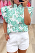 Romantic Floral Print Ruffle Sleeve High Neck Button Front Blouse
