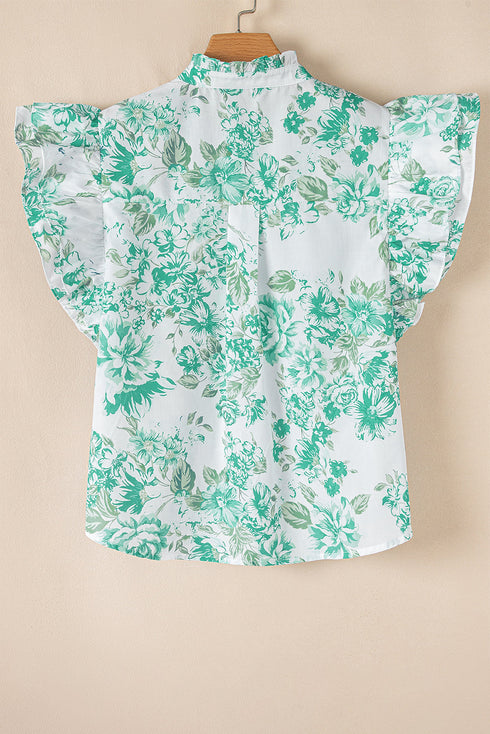Romantic Floral Print Ruffle Sleeve High Neck Button Front Blouse