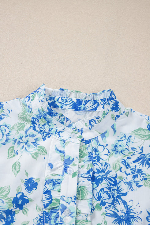 Romantic Floral Print Ruffle Sleeve High Neck Button Front Blouse