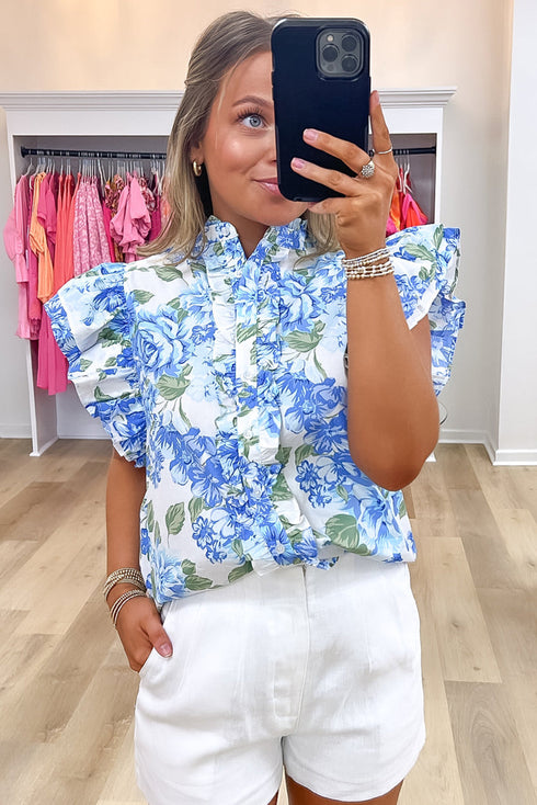 Romantic Floral Print Ruffle Sleeve High Neck Button Front Blouse