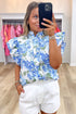 Romantic Floral Print Ruffle Sleeve High Neck Button Front Blouse
