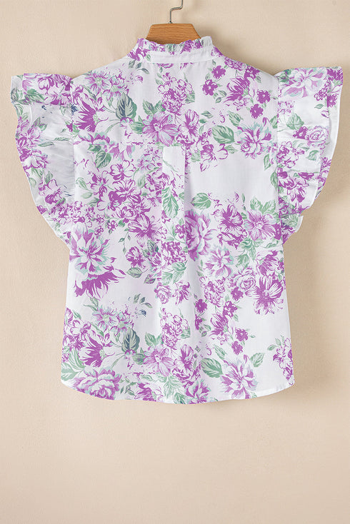 Romantic Floral Print Ruffle Sleeve High Neck Button Front Blouse