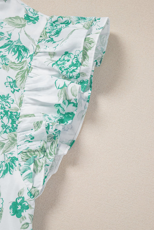 Romantic Floral Print Ruffle Sleeve High Neck Button Front Blouse