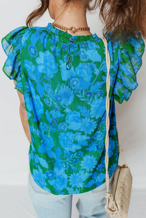 Romantic Floral Print Ruffle Sleeve V Neck Blouse