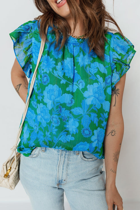 Romantic Floral Print Ruffle Sleeve V Neck Blouse