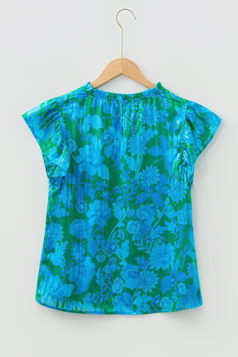 Romantic Floral Print Ruffle Sleeve V Neck Blouse