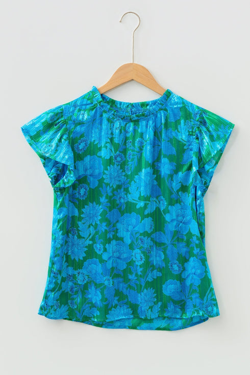 Romantic Floral Print Ruffle Sleeve V Neck Blouse
