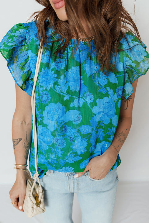 Romantic Floral Print Ruffle Sleeve V Neck Blouse