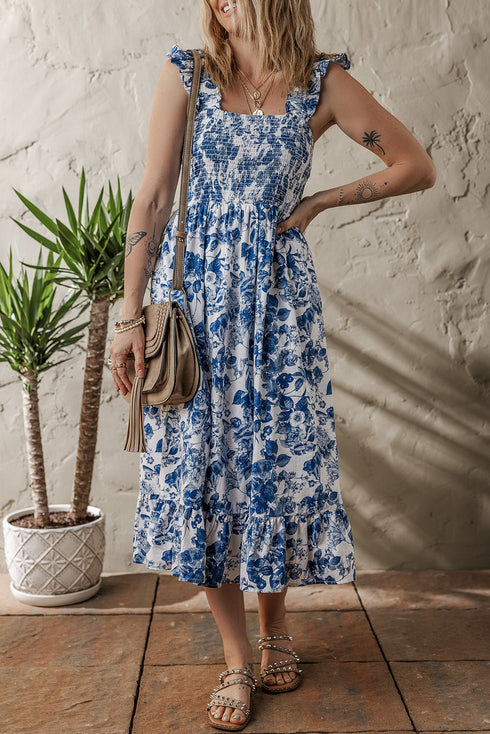 Romantic Floral Print Ruffle Strap Smocked Bodice Ruffle Hem Midi Dress
