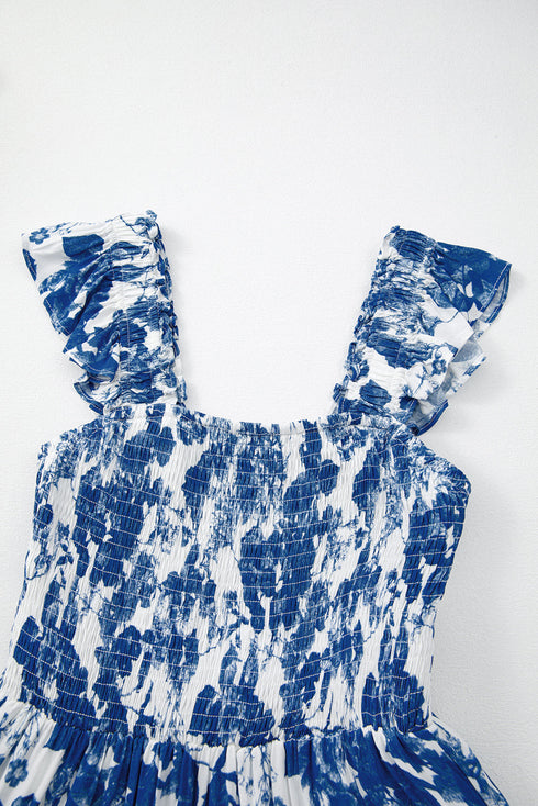 Romantic Floral Print Ruffle Strap Smocked Bodice Ruffle Hem Midi Dress