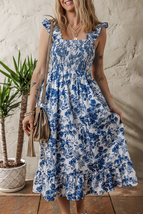 Romantic Floral Print Ruffle Strap Smocked Bodice Ruffle Hem Midi Dress