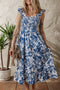 Romantic Floral Print Ruffle Strap Smocked Bodice Ruffle Hem Midi Dress
