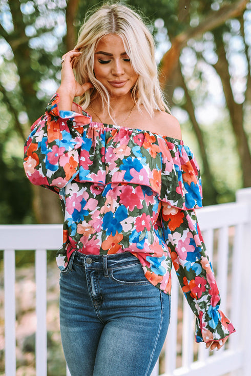 Romantic Floral Print Ruffle Trim Off Shoulder Blouse