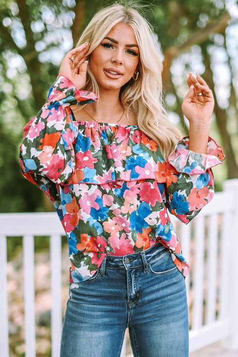 Romantic Floral Print Ruffle Trim Off Shoulder Blouse