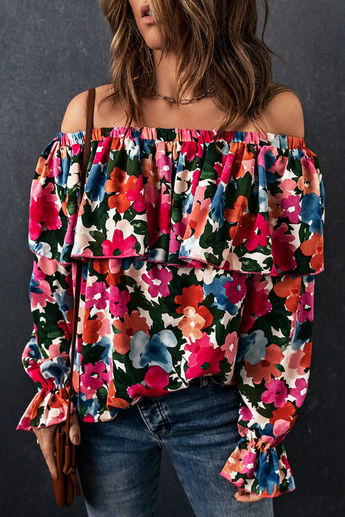 Romantic Floral Print Ruffle Trim Off Shoulder Blouse