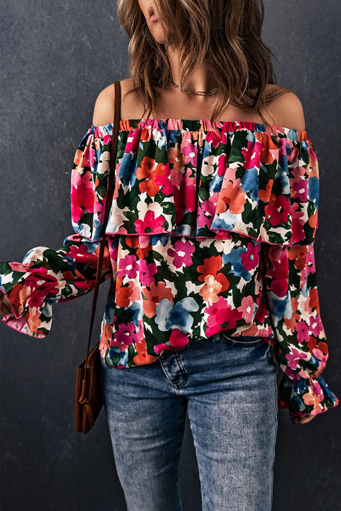 Romantic Floral Print Ruffle Trim Off Shoulder Blouse