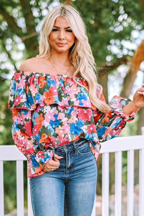 Romantic Floral Print Ruffle Trim Off Shoulder Blouse