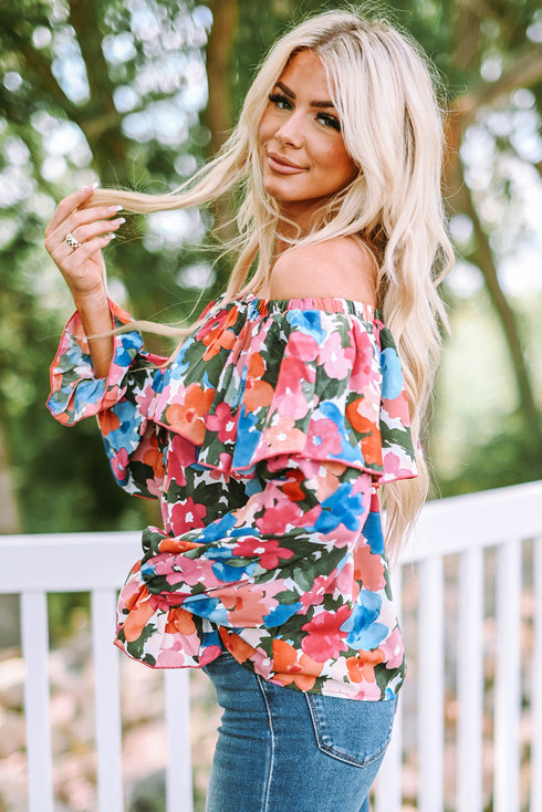 Romantic Floral Print Ruffle Trim Off Shoulder Blouse