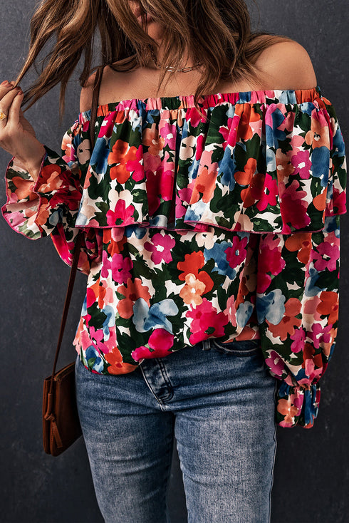 Romantic Floral Print Ruffle Trim Off Shoulder Blouse